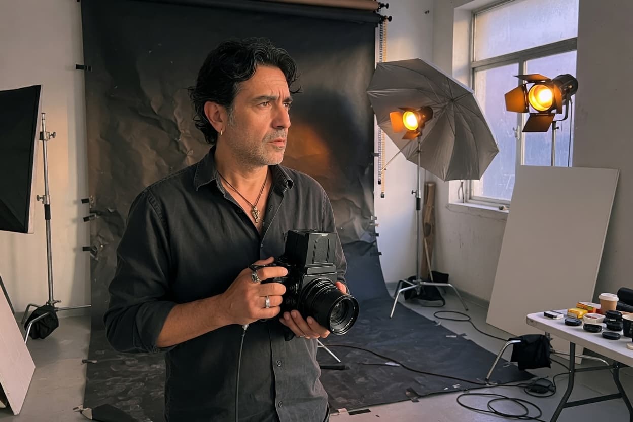 Fotógrafo sosteniendo una cámara durante una sesión de estudio