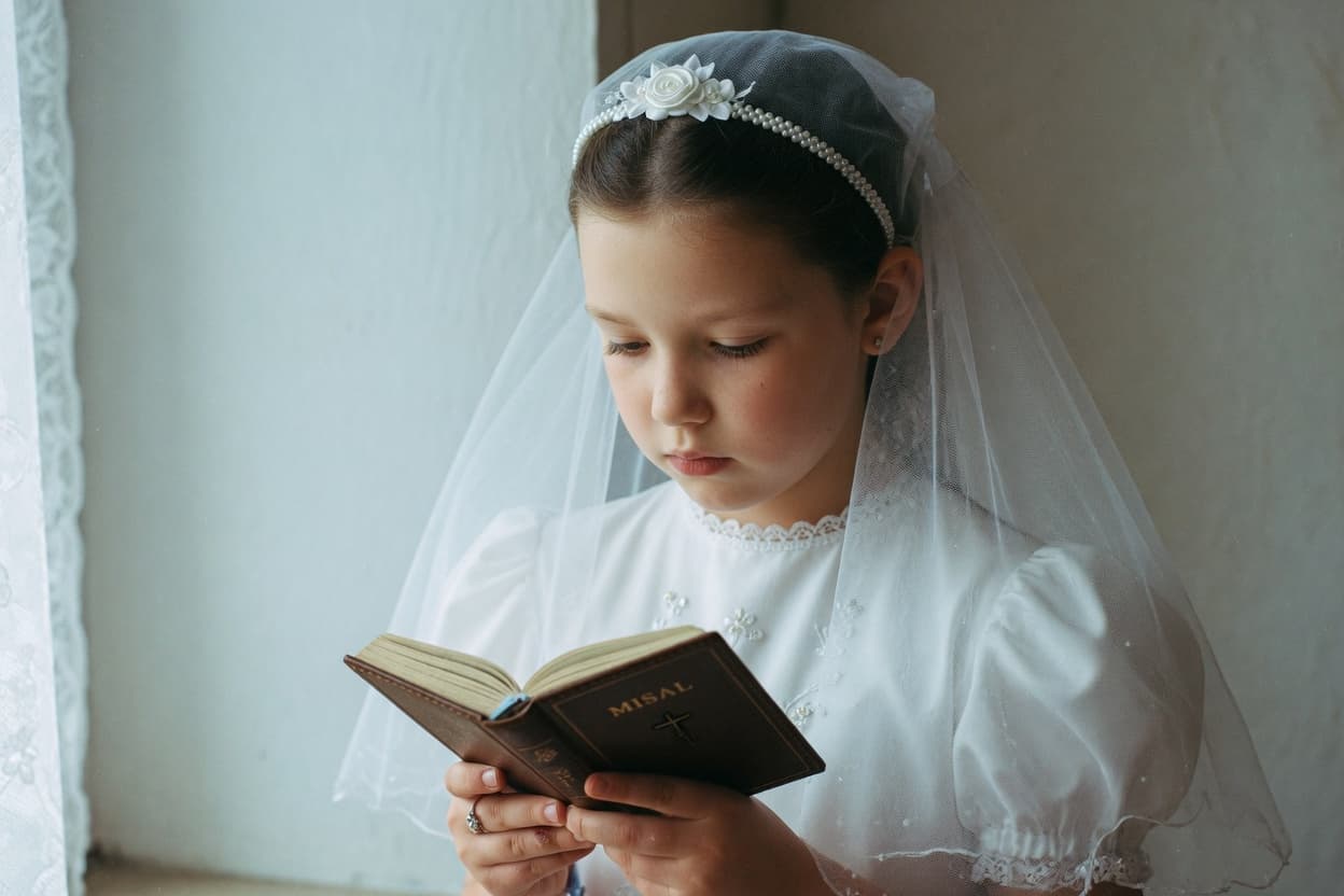 Retrato de niña durante una sesión de comunión con luz suave