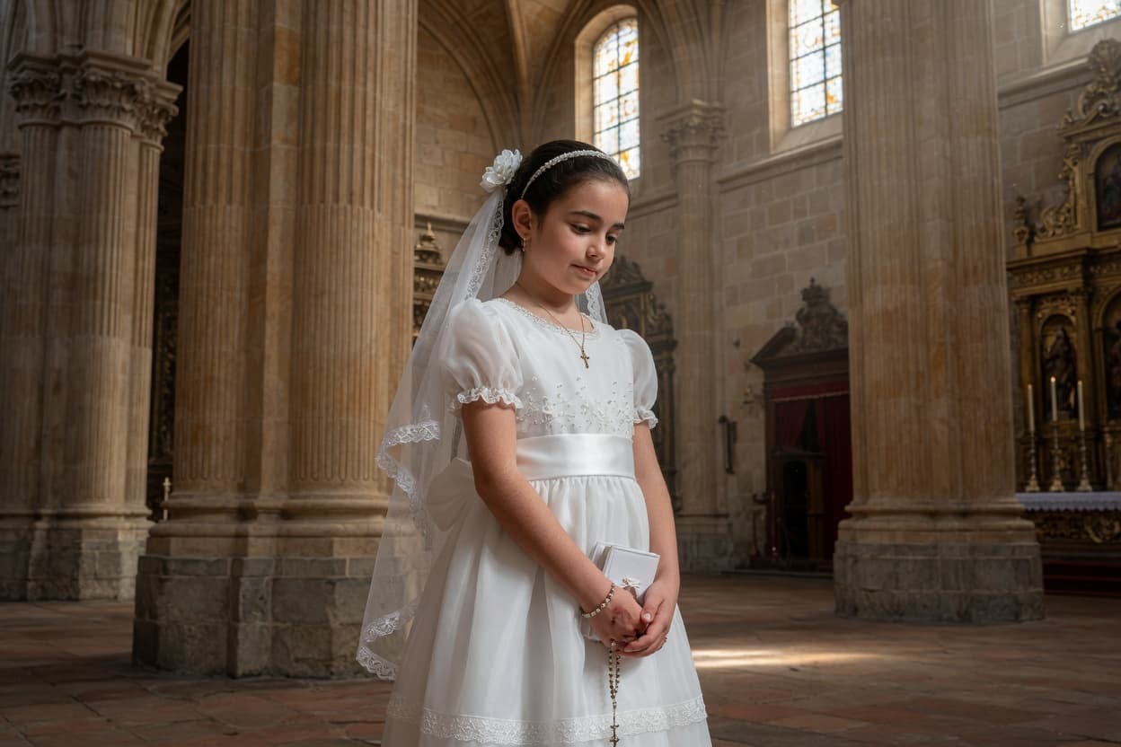 Retrato de comunión con vestido blanco y luz natural