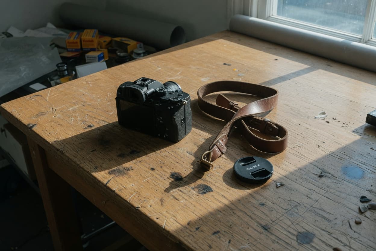 Cámara fotográfica profesional sobre una mesa de trabajo, lista para una sesión