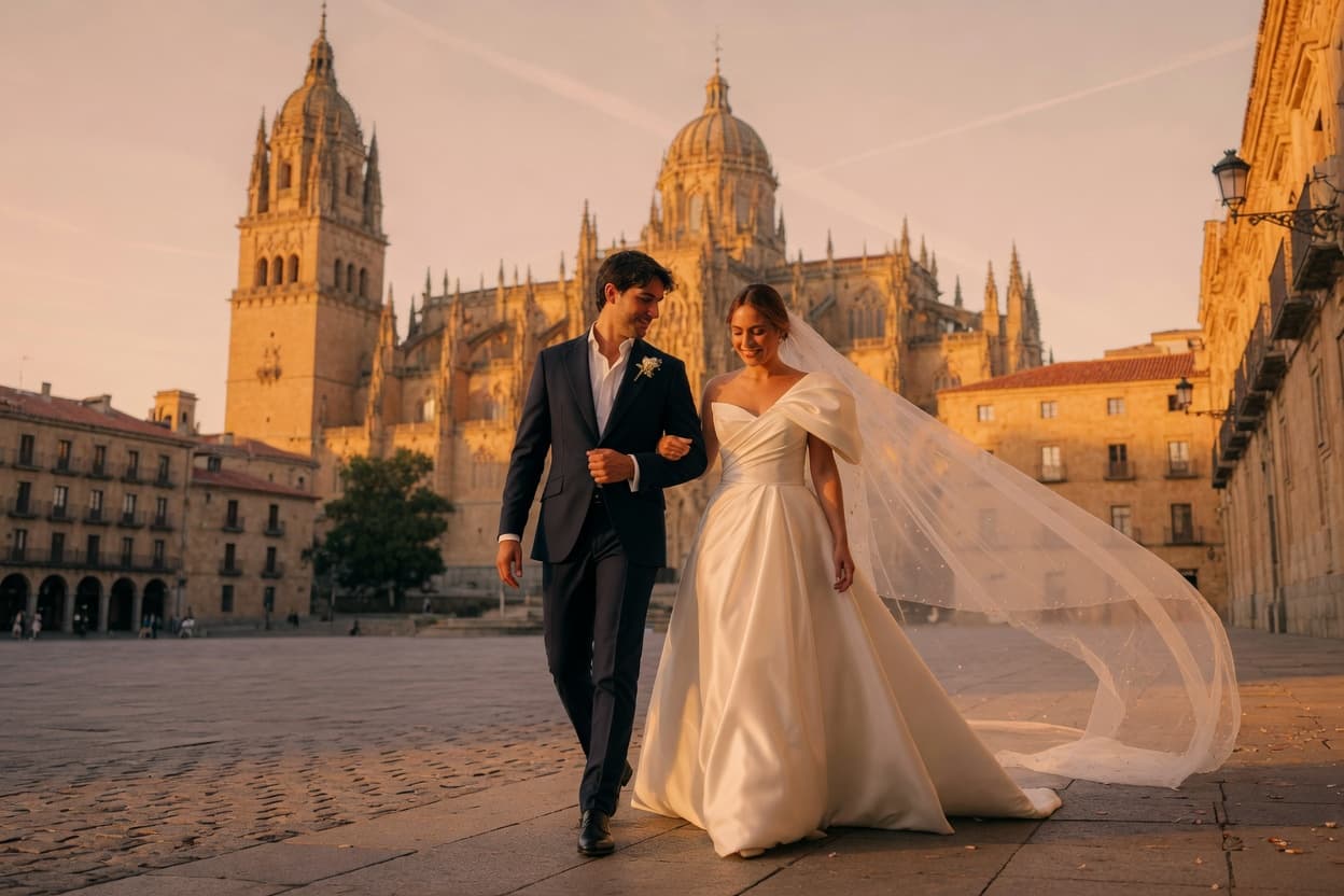 Pareja de novios durante un reportaje de boda al atardecer