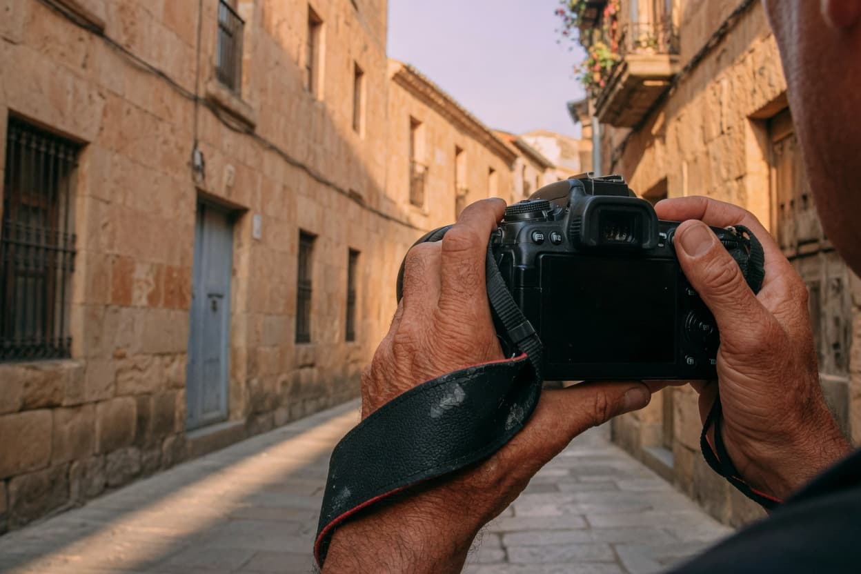 Primer plano de una cámara fotográfica profesional en uso