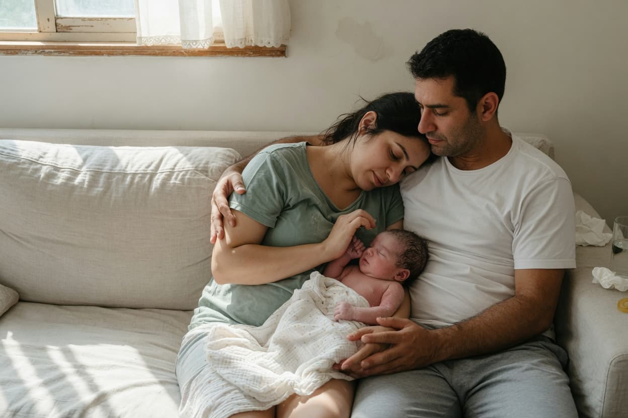 Familia con un bebé fotografiada con un enfoque cercano y natural
