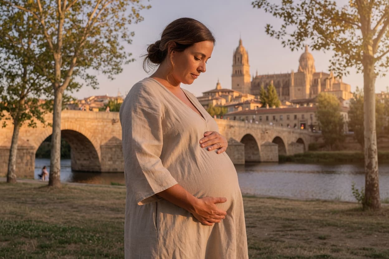 Sesión de fotografía de embarazo con luz natural y gesto delicado