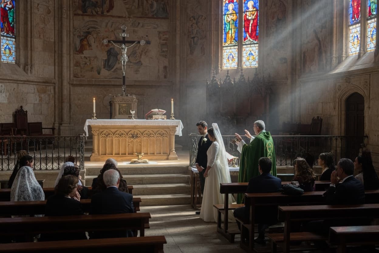 Ceremonia de boda fotografiada desde el pasillo con invitados