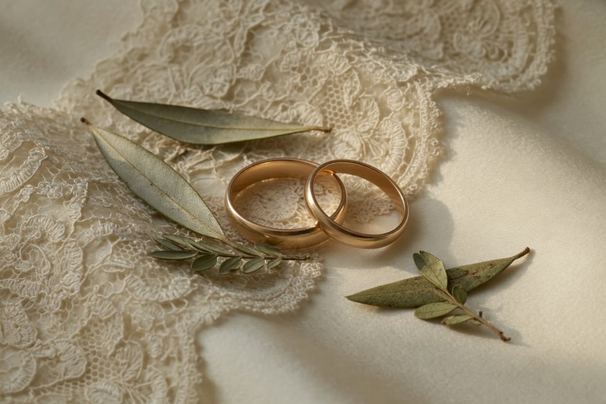 Detalle de anillos de boda sobre un fondo textil claro
