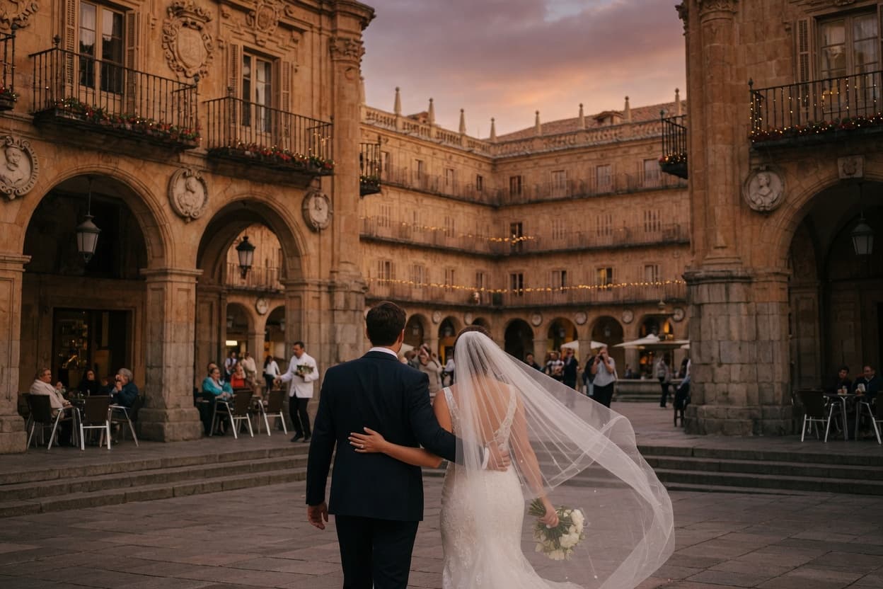 Novios caminando de la mano durante un reportaje de boda al atardecer